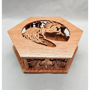 Handcrafted 6-sided Wooden Trinket Box Unicorn Laser Cut Brown Keepsake Jewelry